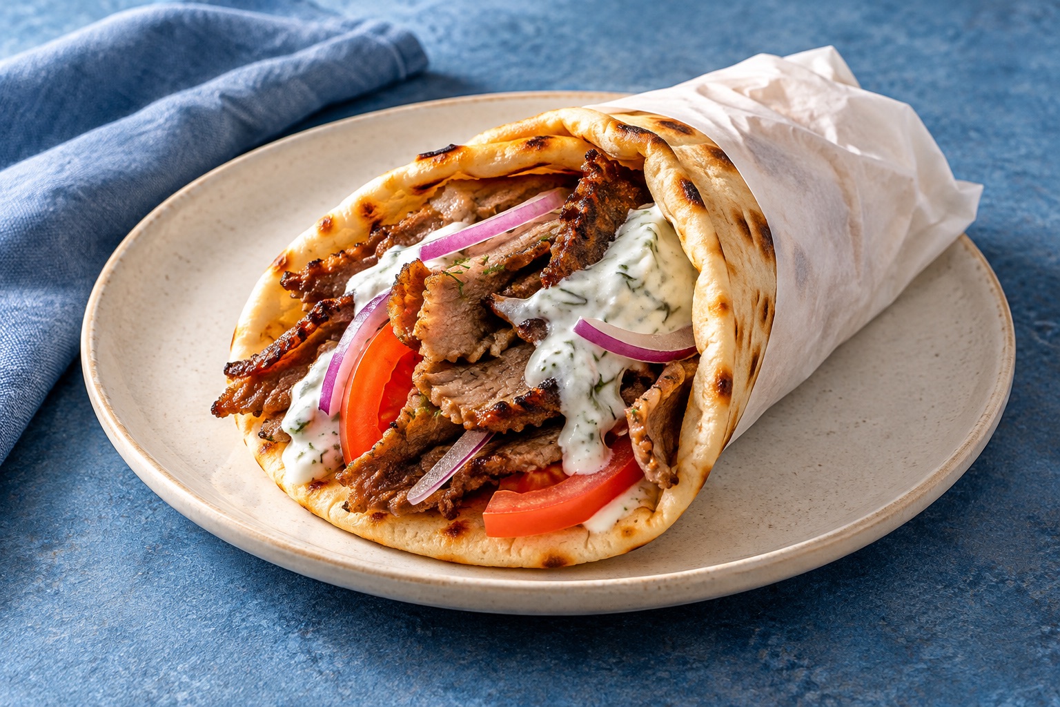 Illustrative Greek gyro pita with tomato, onion and tzatziki on a plate; AI-created, not an actual Spartan Gyros dish.